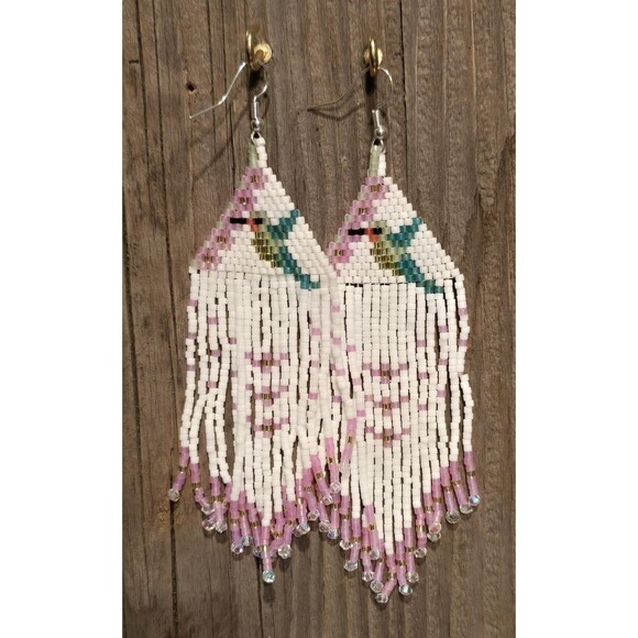 Handmade Beaded Earrings Drop / Dangle Fun Gift Hummingbird White/Pink - Picture 1 of 2